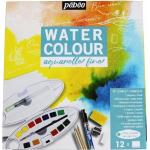 Pebeo, Künstlerfarbe + Bastelfarbe, Komplettset Ovalkasten 12 Halbe Näpfchen Feine Aquarellfarbe + Zubehör