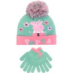 Grüne Peppa Wutz Mütze Schal Handschuh Sets für Kinder mit Schweinemotiv mit Bommeln für Mädchen für den für den Winter 