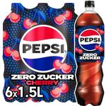 Pepsi Zero Zucker Cherry, Das zuckerfreie Erfrischungsgetränk von Pepsi ohne Kalorien, Koffeinhaltige Cola mit Kirschgeschmack in der Flasche, EINWEG (6 x 1.5 l) (Verpackungsdesign kann abweichen)