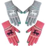 Reduzierte Hellgraue Strick-Handschuhe mit Hirsch-Motiv mit Perlen aus Fleece für Damen Einheitsgröße 2-teilig 