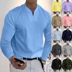 Khakifarbene Unifarbene Elegante Langärmelige V-Ausschnitt Langarm-Poloshirts aus Baumwollmischung für Herren Größe 5 XL für den für den Herbst 