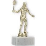 Pokal Kunststofffigur Badmintonspielerin gold auf weißem Marmorsockel 16,0cm