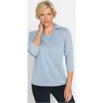 Hellblaue 3/4-ärmelige Nachhaltige V-Ausschnitt Damenpoloshirts & Damenpolohemden mit Glitzer aus Jersey Größe L 