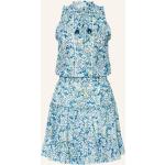 Reduzierte Hellblaue Blumenmuster Ärmellose Taillierte Kleider mit Rüschen aus Baumwolle für Damen Größe XS 
