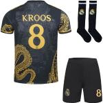 PraiseLight R. Madrid Toni Kroos #8 Kinder Trikot Fußball Spezielle Golddrachen-Edition Shorts Socken Set Jugendgrößen (Schwarz,24)
