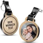 PREMIUM Schlüsselanhänger aus Eichenholz mit kratzfestem Foto und Wunschtext Gravur - Geschenkidee für Muttertag, Vatertag