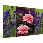 Premium Textil-Leinwand 120 cm x 80 cm quer Rosen und Lavendel [4059478048652] dreiteilige Collage Rosenblüten und Lavendel