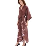 Prettystern Damen Boden-lang 100% Seide Seidenmantel Kimono Seiden-Morgenmantel Nachtkleid Yukata Robe Braun Sakura L01