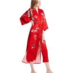 Prettystern Damen Boden-lang 100% Seide Satin Seidenmantel Kimono Morgenmantel Nachtkleid Yukata Robe Rot Fische Lotus L11