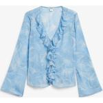 Blaue Langärmelige Monki Festliche Blusen mit Rüschen für Damen Größe S 