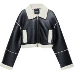 Schwarze Color Blocking Jacken mit Fellkapuze mit Reißverschluss aus Kunstleder für Damen Größe L für den für den Winter 