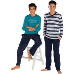 Marineblaue Gestreifte Le Jogger Lange Kinderschlafanzüge aus Baumwolle für Jungen 2-teilig für den für den Winter 