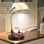 QEGY Weiß Vintage Tischlampe Bankerlampe mit Zugschalter Retro Holz Schreibtischlampe Bankers mit Holz Base Einstellbar Glass Bibliotheksleuchte Antik Design Nachttischlampe E27 Base
