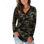QIYUN.Z Damen Shirts mit V-Ausschnitt Langarm Leopardenmuster Button Down Basic Damen T-Shirts Camouflage S.