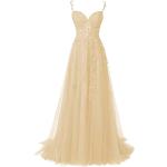 Reduzierte Champagnerfarbene Bestickte Elegante Ärmellose Maxi V-Ausschnitt Lange Abendkleider aus Tüll für Damen Größe XS für die Braut 