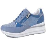 Blaue Casual Sneaker mit Strass mit Strass mit Schnürsenkel aus Leder leicht für Damen Größe 40 