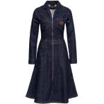 Blaue Bestickte Vintage Langärmelige Queen Kerosin V-Ausschnitt Herbstkleider mit Reißverschluss aus Baumwolle für Damen Größe S 