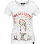 Reduzierte Offwhitefarbene Pin Up Kurzärmelige Queen Kerosin V-Ausschnitt T-Shirts mit Las Vegas Motiv aus Baumwolle für Damen Größe S 