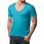 Türkise Unifarbene ReRock V-Ausschnitt T-Shirts für Herren Größe M 