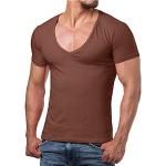 Braune Unifarbene ReRock V-Ausschnitt T-Shirts für Herren Größe M 