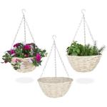 Beige 30 cm Relaxdays Pflanzenampeln & Blumenampeln 30 cm aus Rattan 3-teilig 