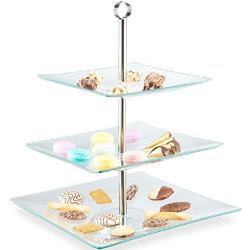 Relaxdays Etagere, 3-stöckig, eckig, Cupcakes, Kekse, Snacks, Obst, Glas, Edelstahl, Servierständer, transparent/silber, 40 x 30 x 30 cm