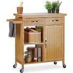Relaxdays Küchenwagen mit Rollen, braun, mit Mamortop, 89,5 x 85,5 x 36cm, Bambus