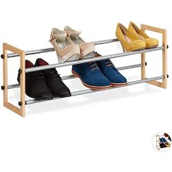 Relaxdays Schuhregal ausziehbar, offener Schuhständer mit 2 Ebenen, Holz & Eisen, erweiterbar bis 118 cm Breite, Natur