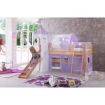 Relita - Halbhohes Spielbett Kim mit Rutsche und Turm, Buche massiv weiß lackiert, mit Stoffset purple/weiß