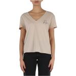 Beige Kurzärmelige Replay V-Ausschnitt T-Shirts aus Baumwolle für Damen Größe L 
