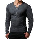 Anthrazitfarbene Melierte Langärmelige ReRock V-Ausschnitt T-Shirts aus Baumwolle enganliegend für Herren Größe 3 XL 