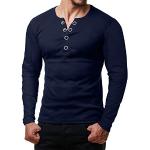 Marineblaue Melierte Langärmelige ReRock V-Ausschnitt T-Shirts aus Baumwolle enganliegend für Herren Größe 3 XL 