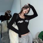 Schwarze Langärmelige T-Shirts mit Graffiti-Motiv aus Polyester maschinenwaschbar für Damen Übergrößen für den für den Herbst 