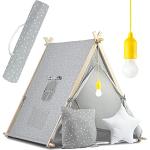 Ricokids Tipi Zelt für Kinder aus Baumwolle - Indoor & Outdoor Spielzeug - Fenster Zwei Kissen - Isoliermatte - LED Lampe - Wigwam Indianerzelt Pappelholz 116 x 107 x 110 cm Grau