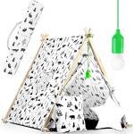 Ricokids Tipi Zelt für Kinder aus Baumwolle - Indoor & Outdoor Spielzeug Fenster Zwei Kissen Isoliermatte LED Lampe - Wigwam Indianerzelt Pappelholz 116 x 107 x 110 cm Weiß