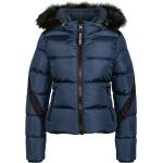 Reduzierte Marineblaue Gesteppte Wasserdichte Mini Jacken mit Fellkapuze mit Reißverschluss aus Polyamid mit Kapuze für Damen Größe XL für den für den Winter 
