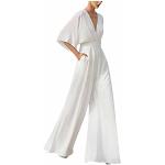Weiße Unifarbene Elegante 3/4-ärmelige V-Ausschnitt Lange Overalls aus Chiffon für Damen Größe M zur Hochzeit für den für den Sommer 