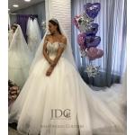 Reduzierte Offwhitefarbene Romantische Brautkleider mit Schleppe & Hochzeitskleider mit Schleppe  aus Spitze für Damen für die Braut 