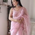Rosa Bestickte Saris aus Organza für Damen zur Hochzeit 