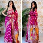 Pinke Bestickte Saris aus Brokat für Damen für Partys 