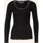 Schwarze Langärmelige rosemunde V-Ausschnitt Rippshirts aus Seide für Damen Größe M 