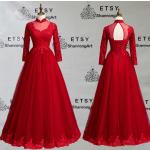 Rote Bestickte Maxi Lange Abendkleider mit Reißverschluss aus Tüll für Damen 