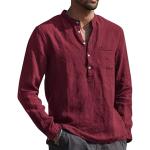 Bordeauxrote Unifarbene Langärmelige Stehkragen Stehkragenhemden mit Knopf aus Kunstfaser für Herren Größe XXL für Partys für den für den Herbst 