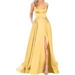 Gelbe Vintage Langärmelige Maxi V-Ausschnitt Lange Abendkleider mit Reißverschluss aus Satin für Damen Größe S Große Größen für Brautjungfern 