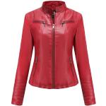 Rote Maxi Biker-Lederjacken mit Reißverschluss aus Leder für Damen Größe XXL für den für den Winter 