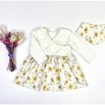 Cremefarbene Motiv Langärmelige Bio Nachhaltige Kinderrüschenkleider mit Sonnenblumenmotiv mit Rüschen aus Jersey für Mädchen für den für den Herbst 