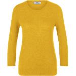 Gelbe 3/4-ärmelige Peter Hahn Rundhals-Ausschnitt Kaschmir-Pullover mit Vogel-Motiv aus Wolle maschinenwaschbar für Damen Größe XL 