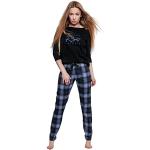 Schwarze Karo Elegante Maxi Pyjamas lang mit Eulenmotiv aus Baumwolle für Damen Größe XL 