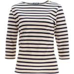 Gestreifte Maritime 3/4-ärmelige Saint James Rundhals-Ausschnitt Basic-Shirts aus Baumwolle mit Kapuze für Damen für den für den Frühling 
