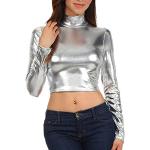 Silberne Langärmelige Sakkas Stehkragen Rollkragenpullover Metallic aus Polyester Cropped für Damen Größe M 